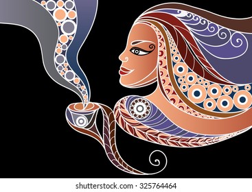 Vector illustration of a girl profile. Young woman holding a cup of tea or coffee.