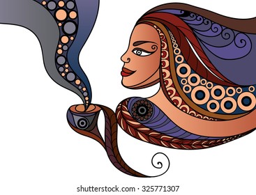 Vector illustration of a girl profile. Young woman holding a cup of tea or coffee.