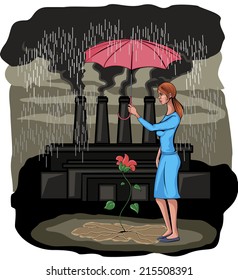 Vector illustration  of a girl protecting flower