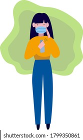 Vector illustration of a girl. Girl in a protective face mask sprays a disinfectant spray on her hands. Hand disinfection with gel and alcohol