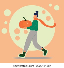 Vector illustration of girl with pumpkin in flat style. Autumn concept of farmers market, harvest festival. Simple background. Girl carries a pumpkin. Trendy art for postcard, poster, post, flyer.