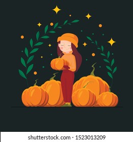 Vector illustration of a girl and pumpkins