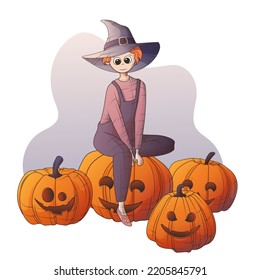 Ilustración vectorial de una chica con calabazas. Chica con sombrero de bruja. Ilustración para el diseño de Halloween, afiche, decoración de banners, impresión, portada.