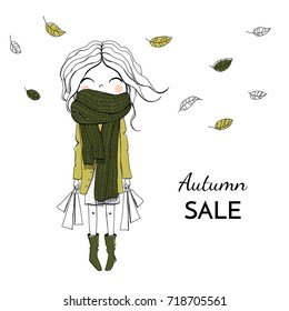 Vector illustration. Girl with purchases in a green coat and a big knitted scarf