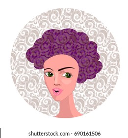 Vector Illustration of Girl with Purple Short Curly Hair and Green Eyes