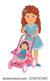 Vector illustration of a girl pushing a pink toy stroller with a baby doll inside.