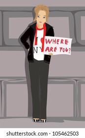 Vector illustration of Girl with question "where are you?" on paper sheet