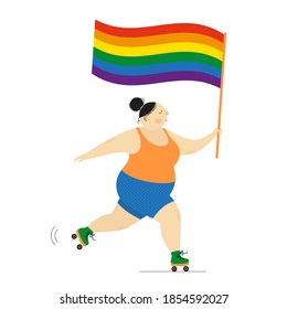 Ilustración vectorial de una chica con una bandera arco iris. Gracioso carácter plano.