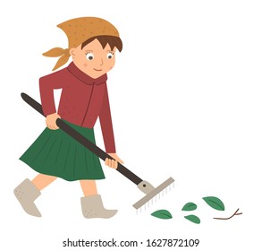 Vector illustration of a girl raking leaves with rakes isolated on white background. Cute kid doing garden work. Spring gardening activity picture with funny character
