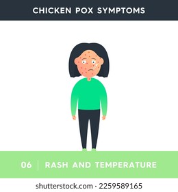 Vector illustration of a girl with a rash on her face. A girl with symptoms of chicken pox holds a thermometer in her mouth. Chicken pox symptoms. Illustration for medical articles, posters, stands.
