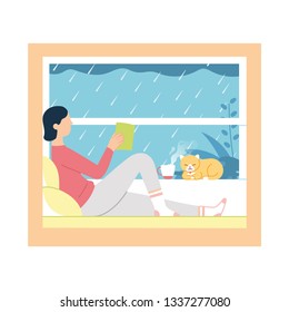 vector illustration of a girl read a book and drink tea/coffee near a window while rain outside. girl sitting near window with cat