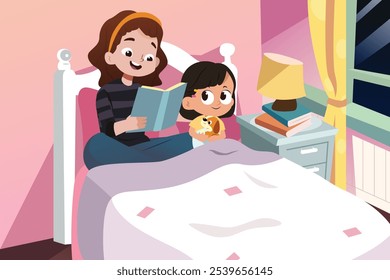Ilustração vetorial de Girl Reading Bedtime Story to Her Little Sister