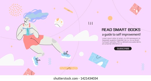 Vector illustration of a girl reading a book on an abstract geometric background in a trendy style. Creative banner, flyer or landing page template. World book day or international literacy day.