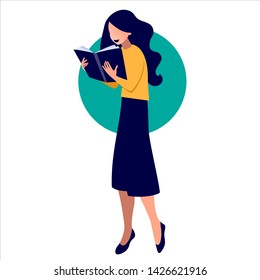 Vector illustration of girl reading a book in flat art style with circle background. Concept illustration of learning, distance studying and self education.