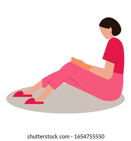 Vector illustration of a girl reading a book sitting on the floor in a cartoon flat style. Young woman sits on floor and reads book. 