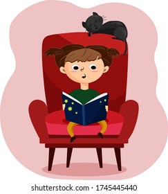 Vector illustration of a girl is reading a book sitting in a comfortable chair. Like reading. Reading at home with a cat near by. Children book