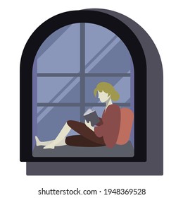 Vector illustration of girl reading a book on the window