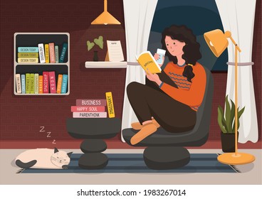 Vector illustration of a girl reading a book with her cat