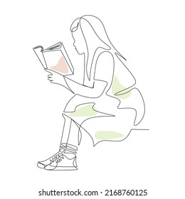 Vector illustration of a girl reading a book drawn in line art style