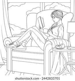 Vector illustration, сute girl reading a book while sitting in a cozy chair in front of the window, coloring book