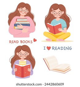 Vector illustration of a girl reading a book. Isolated objects on white background.