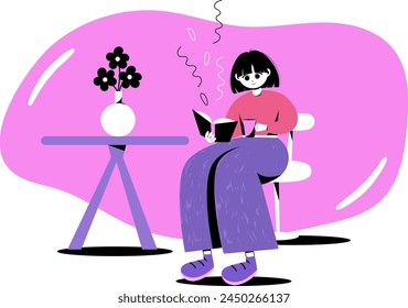 Vector illustration of girl reading book with cup of coffee at table. Sitting girl in hand draw flat style. Table with flowers in a vase.Pink, black and purple colors.
