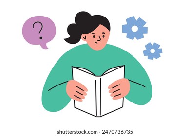 Vector illustration of a girl reading a book. Flat, cartoon style, perfect for themes of education, learning, and studying, a young student engaged with literature and gaining knowledge
