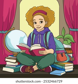  Vector illustration of a girl reading a book