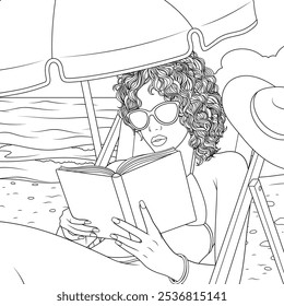 Ilustração vetorial, menina lendo um livro na praia, livro de colorir