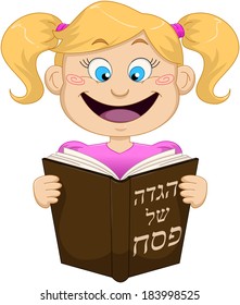 Vector illustration of a girl reading from Haggadah on Passover. The title on the front cover says Haggadah of Passover. 