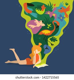 Vector illustration with girl reading magic book and dreaming. Imagination about summer in tropics, toucan, flamingo, parrot, colibri. Abstract template for banner, poster, flyer, presentation, blog.