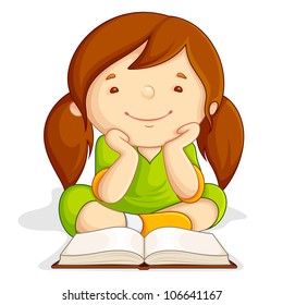 vector illustration of girl reading open book sitting on floor