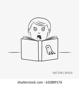 Vector illustration. A girl reading scary book at night. Horror book with ghost on the cover. Sketch. Drawing for children. Flat icon