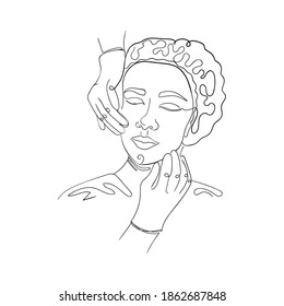 Vector Illustration Of A Girl At The Reception In A Cosmetic Clinic Drawn By Lines. Linear Art Plastic Surgery, Injection And Facial Massage