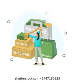 Vector illustration of a girl with a recycled cotton scarf. Shopping bags made from recycled materials. Environmentally friendly production of light industry