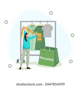 Vector illustration of a girl with a recycled cotton scarf. Shopping bags made from recycled materials. Environmentally friendly production of light industry