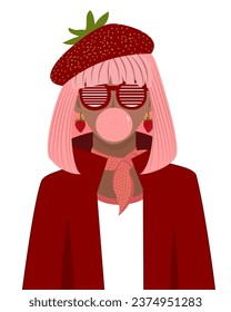 Vector illustration of a girl in a red coat, "strawberry hat" and retro sunglasses with a strawberry gum in her mouth