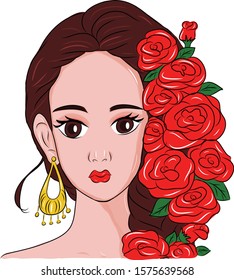 
Vector illustration of a girl with red flowers on a spring head for a wedding, anniversary, birthday party Design for banners, posters, cards.