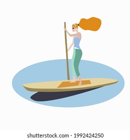 Vector illustration of a girl with red hair in summer clothes driving a boat with a copy of the space. Close-up