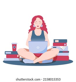 
vector illustration of a girl with red hair sitting in a lotus position with crossed legs with a laptop, next to stacks of books, studying or working