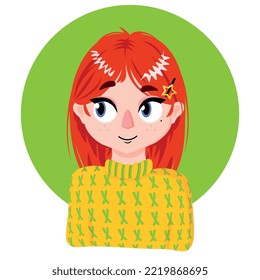 Vector illustration. Girl with red hair. Girl avatar. Chat character. Hairpin.