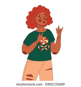 Vector illustration with girl with red hair showing hand rock sign and tshirt with candy cone
