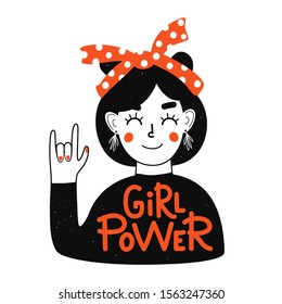 Vector illustration with girl in red headband showing hand rock sign. Lettering phrase Girl Power. Funny trendy apparel print design, female typography poster with text