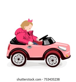 vector illustration with girl in a red jacket sitting in a pink toy car