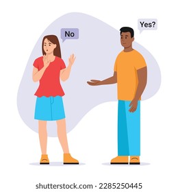 Vector illustration of a girl rejecting a guy. Cartoon scene of a girl saying no to a guy isolated on a white background. Yes or no concept. Couple with different emotions.