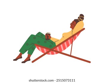 Vector illustration of a girl relaxing on a vintage beach chair in retro style with wooden legs and striped fabric. Stylish and comfortable furniture