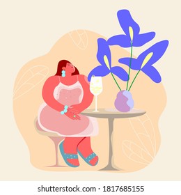 Vector illustration. The girl in the restaurant drinks champagne. Vase with purple flowers.