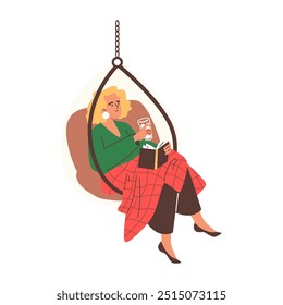 Vector illustration of a girl resting on a hanging chair in a modern style with a soft pillow and a plaid. Stylish and comfortable furniture is perfect for relaxing