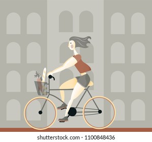 Vector illustration, girl riding bicycle in the city, groceries in the basket