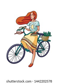 Vector illustration of a girl riding a bicycle. Happy beautiful female character isolated on white background.
